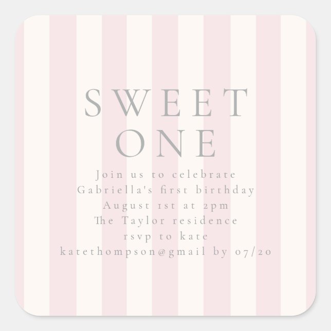 Sweet Stripes first birthday pink invite Square Sticker (Front)