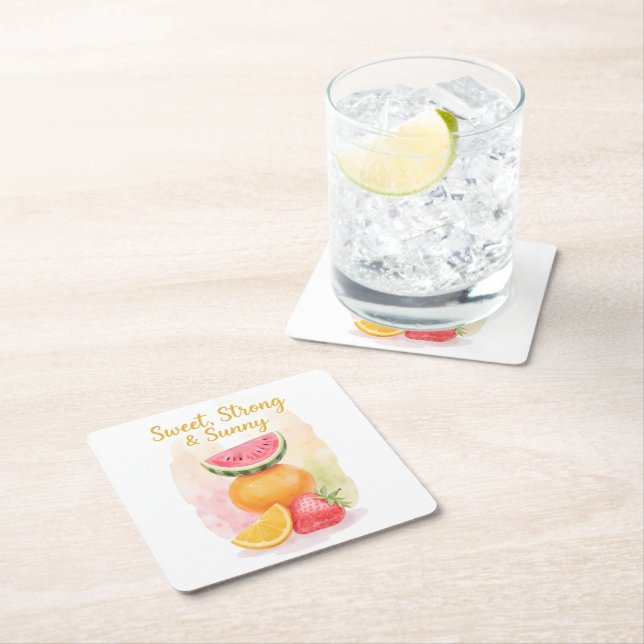 Sweet, Strong & Sunny – Watercolor Fruit  Square Paper Coaster (Insitu)