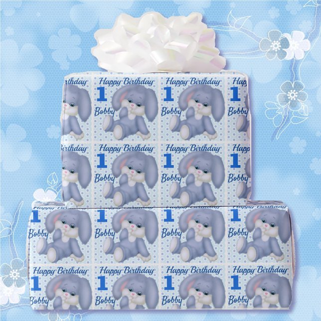 Sweet Stuffed Bunny Boys 1st Birthday Name Age Wrapping Paper (Creator Uploaded)