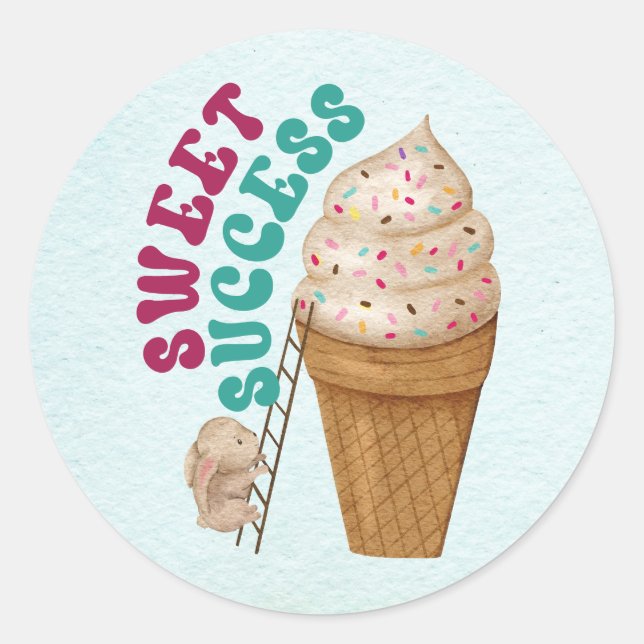 Sweet Success - Cute Bunny reaching an Ice Cream Classic Round Sticker (Front)