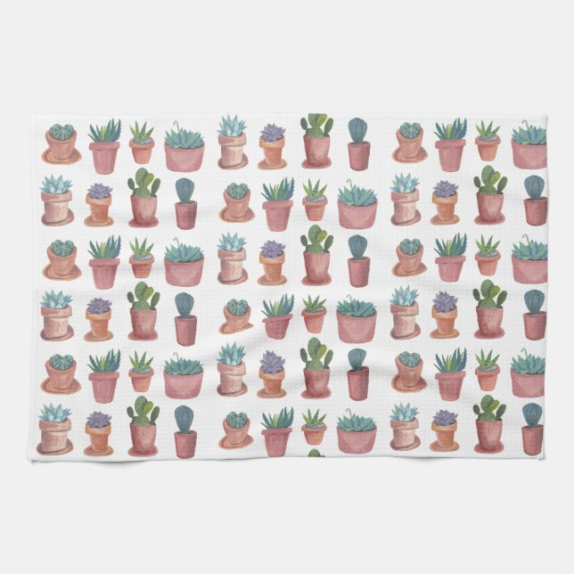 Sweet succulents cacti watercolor kitchen towel (Horizontal)