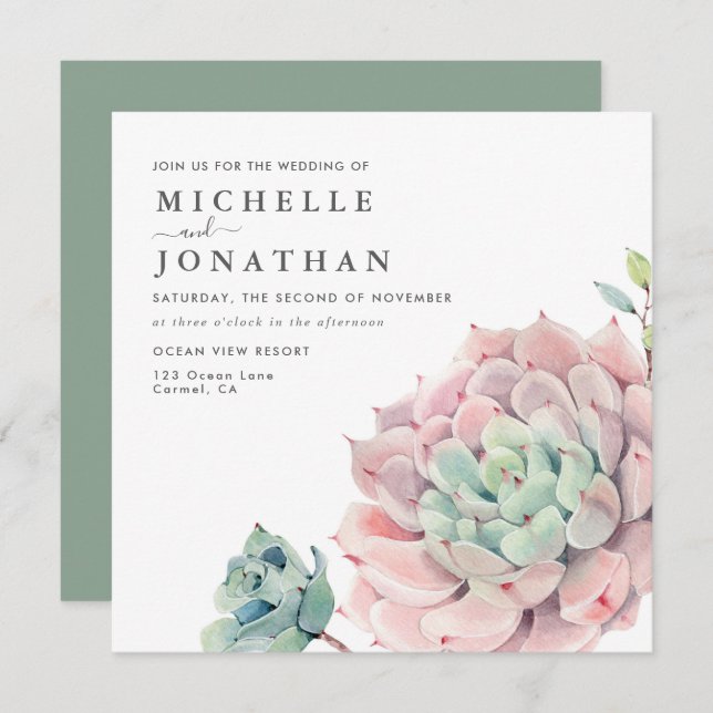 Sweet Succulents Pink Green Wedding  Invitation (Front/Back)