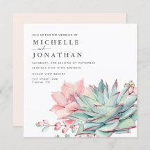Sweet Succulents Pink Green Wedding Invitation