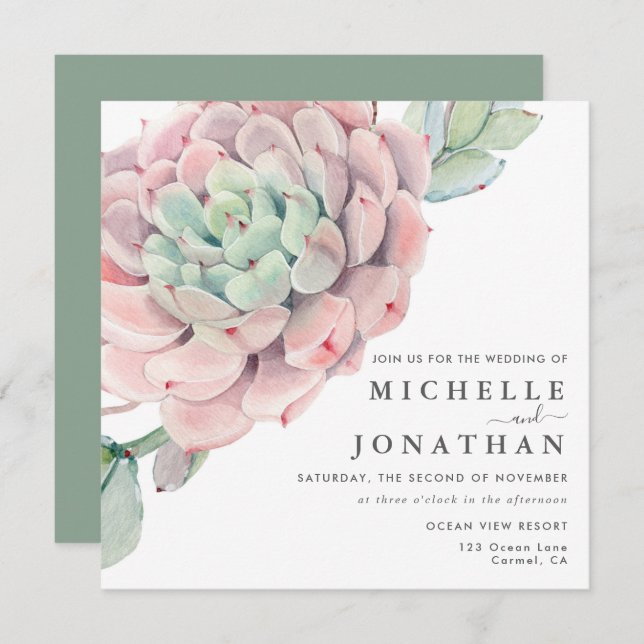 Sweet Succulents Pink Green Wedding  Invitation (Front/Back)