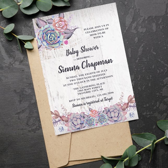 Sweet Succulents Rustic Watercolor Baby Shower Invitation (Creator Uploaded)
