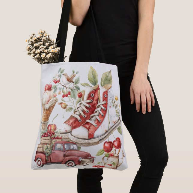 Sweet Summer Cherries Denim Jacket Tote Bag (Close Up)