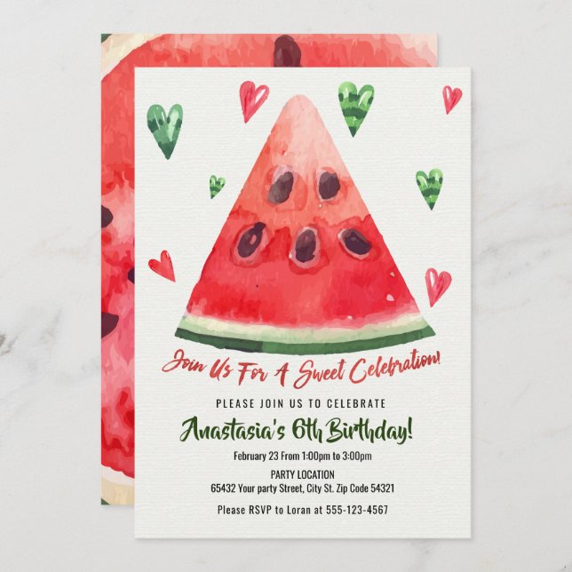 Sweet, Summer Fun, Watermelon Birthday Invitation (Front/Back)