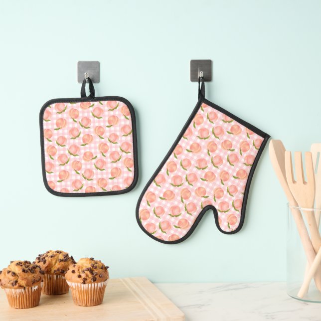 Sweet Summer Peach Pattern Oven Mitt & Pot Holder Set (Insitu(Hanging))