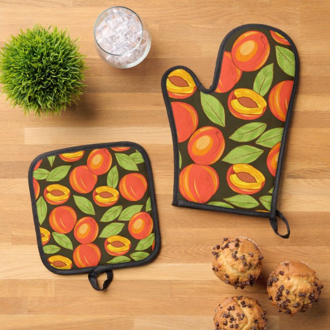 Sweet Summer Peach Pattern  Oven Mitt & Pot Holder Set (Top Down)