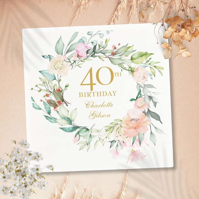 Sweet Summer Roses Garland 40th Birthday Napkin (Sweet Summer Roses Garland 40th Birthday Napkins)