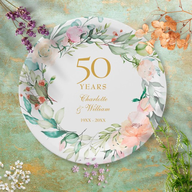 Sweet Summer Roses Garland 50th Anniversary Paper Plate (Creator Uploaded)