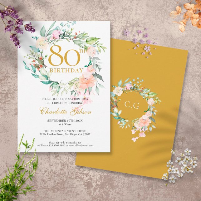 Sweet Summer Roses Garland Monogram 80th Birthday Invitation (Creator Uploaded)