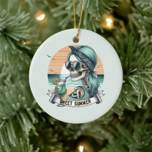 Sweet Summer Skeleton Retro Sunset Design Ceramic Tree Decoration