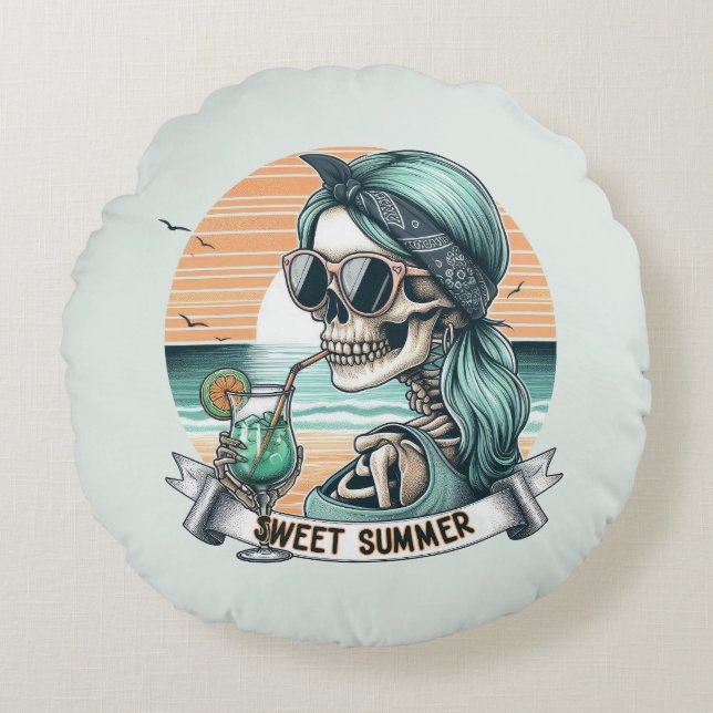 Sweet Summer Skeleton Retro Sunset Design Round Cushion (Front)