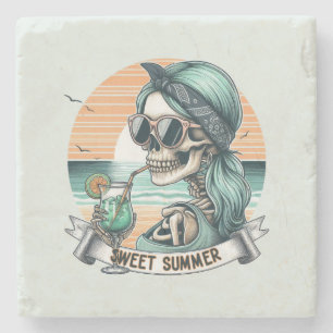 Sweet Summer Skeleton Retro Sunset Design Stone Coaster