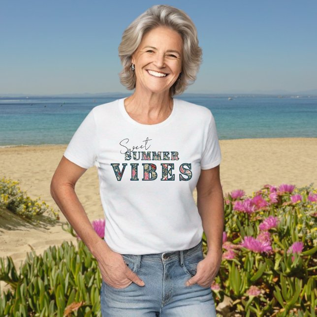 Sweet Summer Vibes - Floral Typography T-Shirt ("Sweet Summer Vibes" floral typography tshirt, in a beach setting. This model is #generativeai)