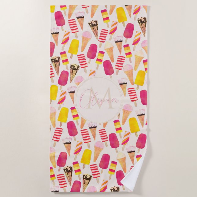 Sweet Summer Watercolor Ice Cream Beach Towel (Front)