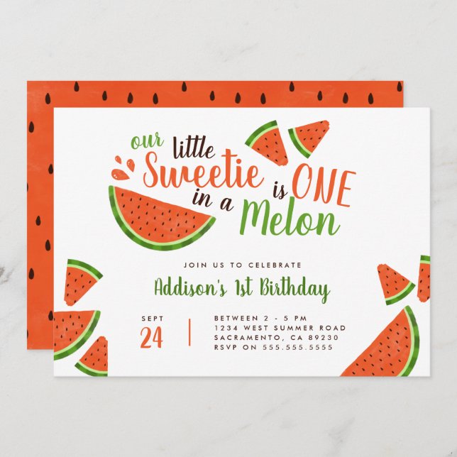 Sweet Summer Watermelon One In A Melon Birthday Invitation (Front/Back)