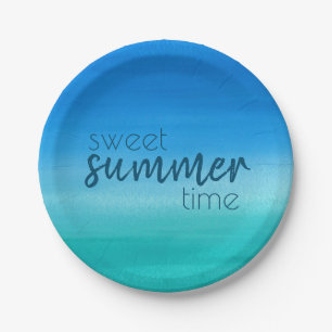 Sweet Summertime Watercolor Ocean Blue Green Paper Plate