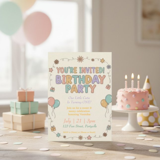 Sweet & Sunny Retro Felt Letters 1st Birthday Invitation (Creator Uploaded)