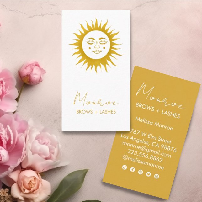 Sweet Sunshine Boho Golden Elegant Social Icons  Business Card (Sweet sunshine decorates these custom golden business cards. Add your own text and edit social icons)