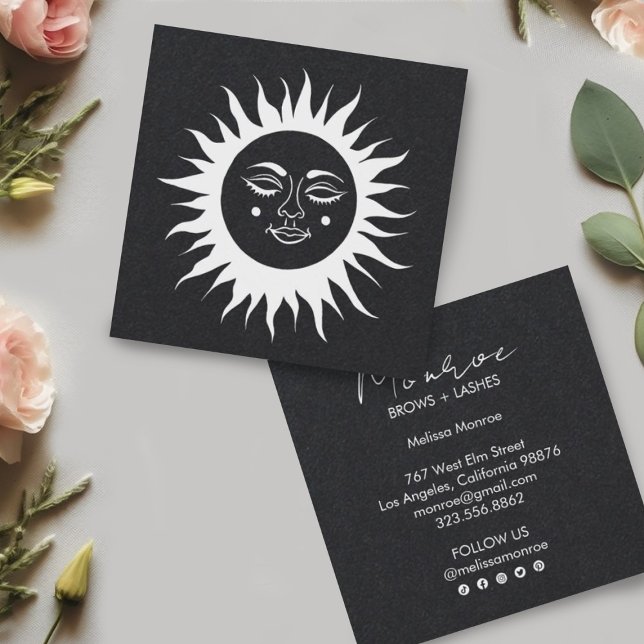Sweet Sunshine Boho Line Art Grey Social Media Square Business Card (White line art sun on a luxurious deep gray/black paper. Add your own details to make it shine!)