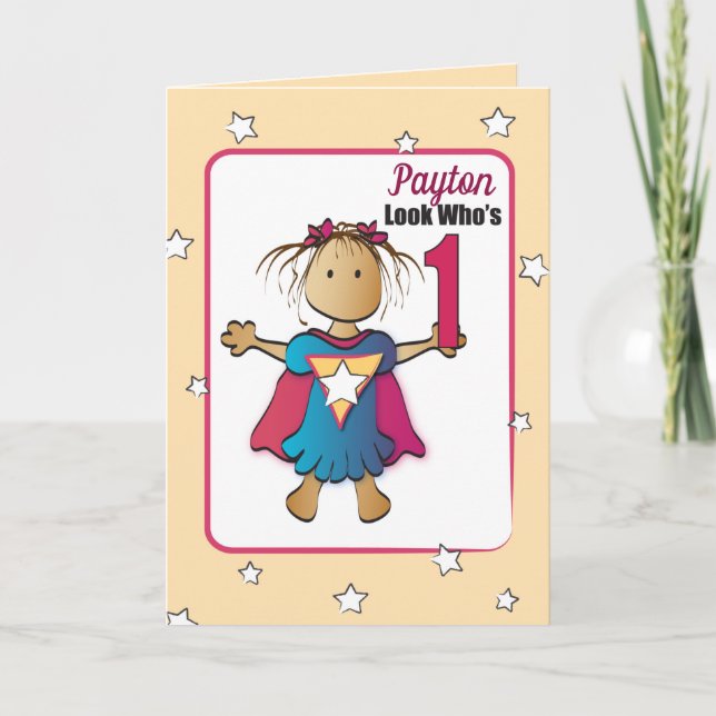 Sweet Super Girl Cartoon 1st Birthday  Card (Front)