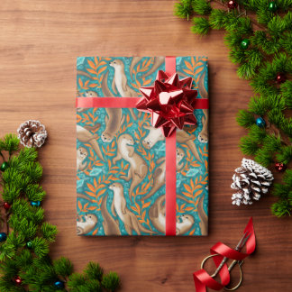 Sweet Swimming Otters in Teal and Orange Gouache Wrapping Paper