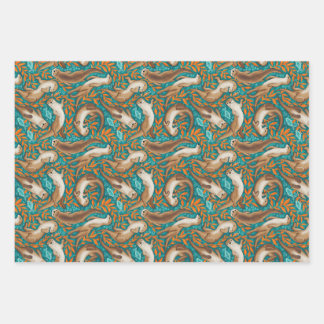 Sweet Swimming Otters in Teal and Orange Gouache Wrapping Paper Sheet