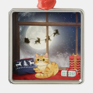 Sweet Tabby Cat and Santa Claus Christmas Metal Tree Decoration