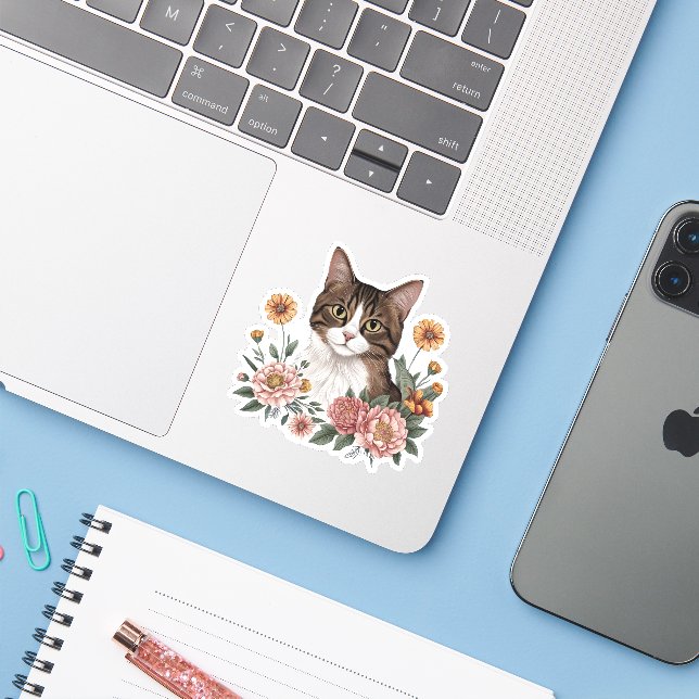 Sweet Tabby Cat with Flowers  (Laptop w/ iPhone)