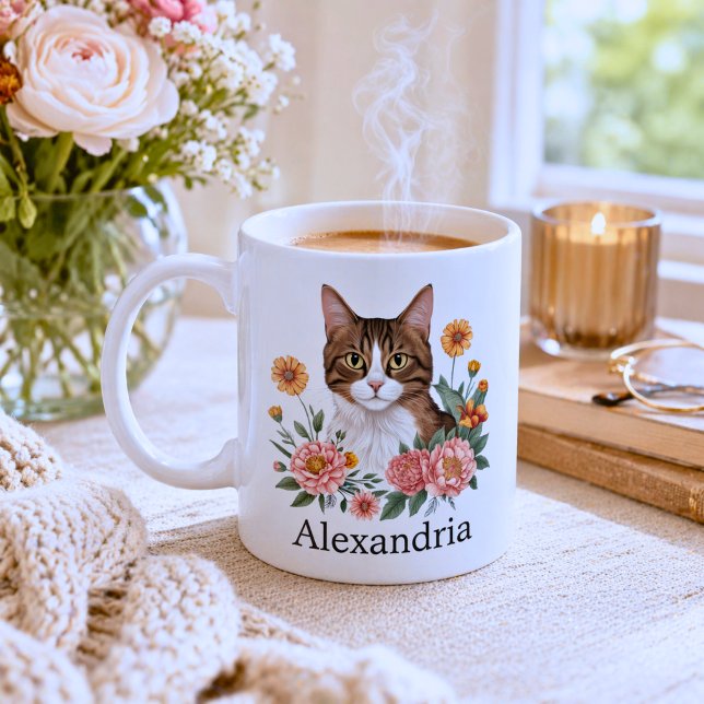 Sweet Tabby Cat with Flowers  Coffee Mug (Creator Uploaded)