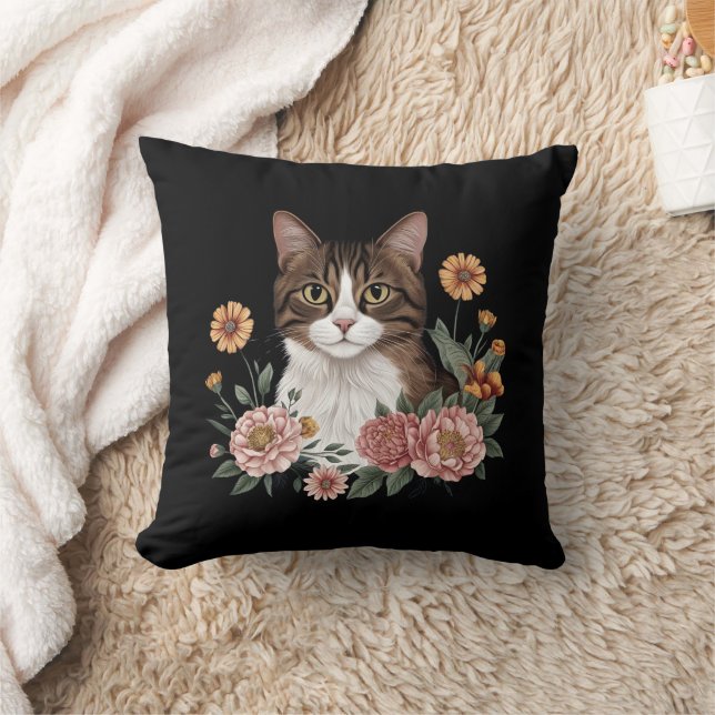 Sweet Tabby Cat with Flowers  Cushion (Blanket)