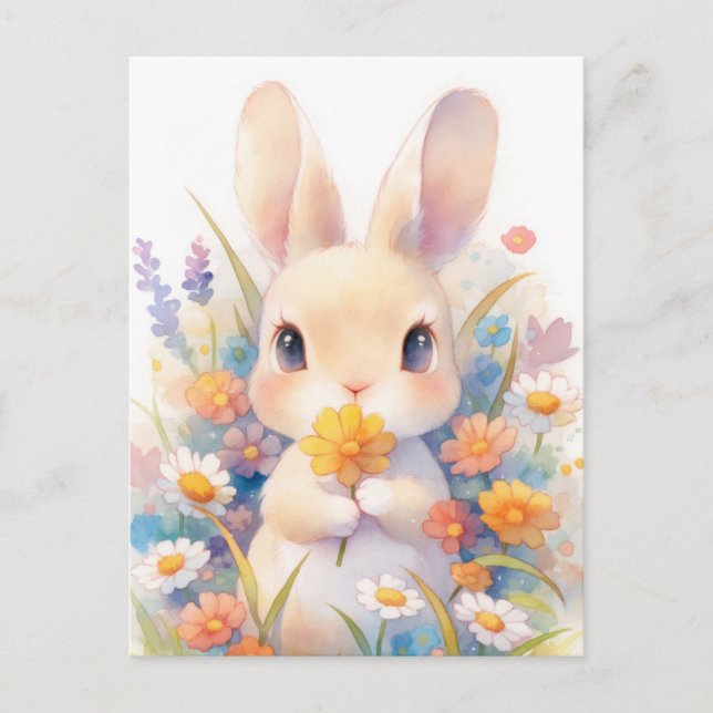 Sweet Tan Rabbit Holding Yellow Blossom Postcard (Front)
