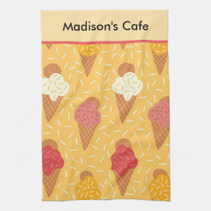Sweet Tasty Ice Cream Cones on Orange Custom name Tea Towel