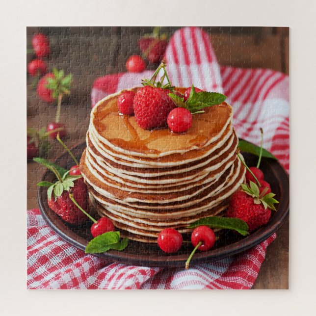 Sweet Tasty Syrup Pancakes Red Berries Food Rustic Jigsaw Puzzle (Vertical)