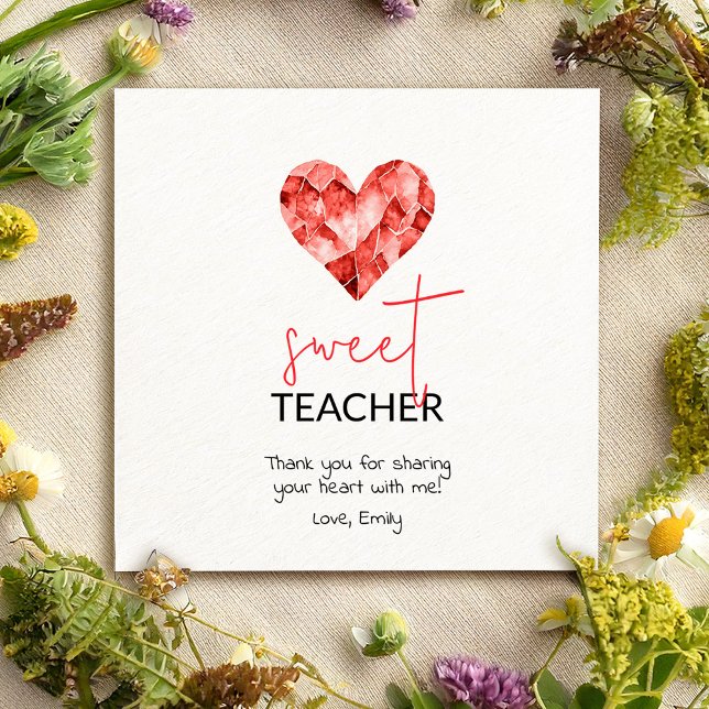 Sweet teacher with red watercolour diamond heart holiday card (Creator Uploaded)
