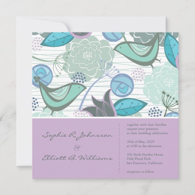 Sweet Teal Birds Floral Garden Wedding Invitation (Front)