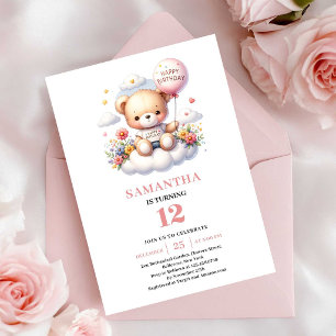 Sweet teddy bear balloon flowers girl birthday  invitation