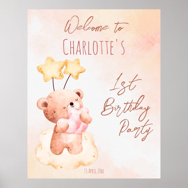 Sweet teddy bear birthday party personalised  poster (Front)