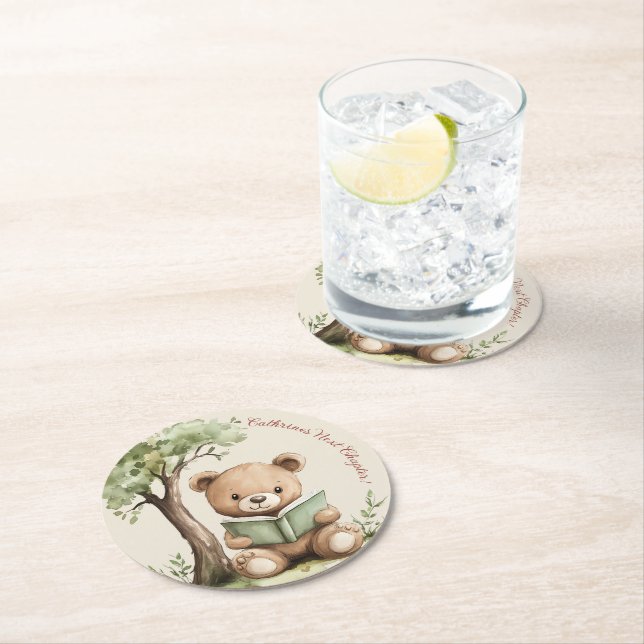 Sweet Teddy Bear Book Lover Baby Shower Party  Round Paper Coaster (Insitu)