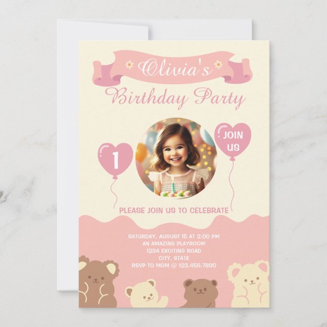 Sweet Teddy Bear First Birthday Invitation  (Front)