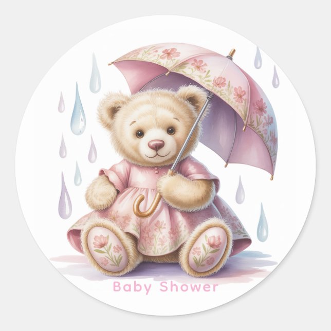Sweet Teddy Bear Girl Baby Shower Classic Round Sticker (Front)