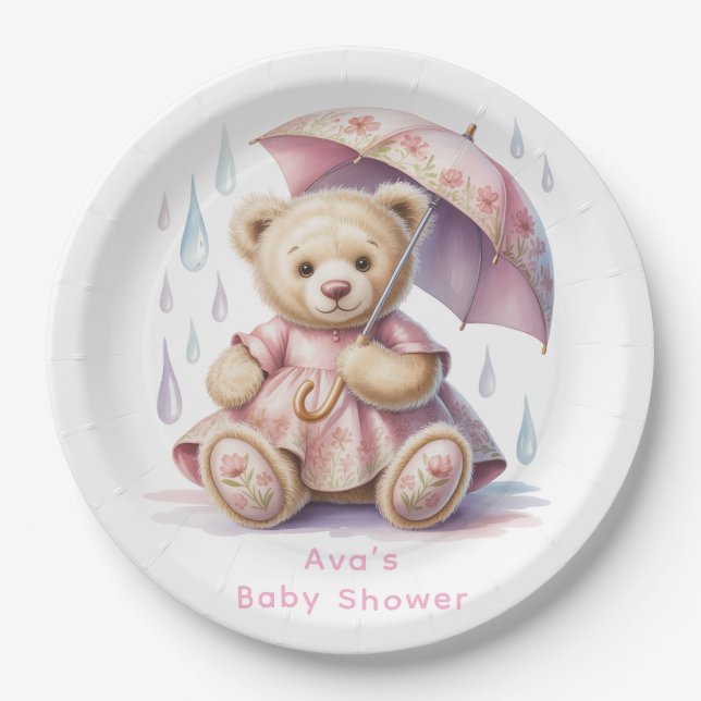 Sweet Teddy Bear Girl Baby Shower Paper Plate (Front)
