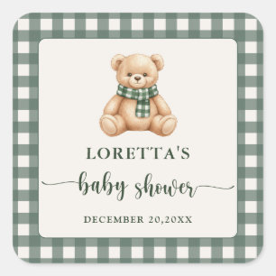 Sweet Teddy Bear Green Plaid Baby Shower Favor Square Sticker