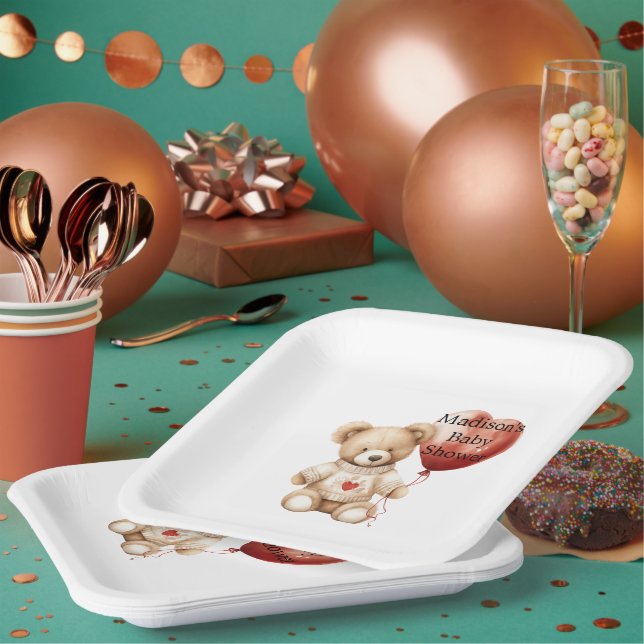 Sweet Teddy Bear Heart Balloon Baby Shower Paper Plate (Multi)