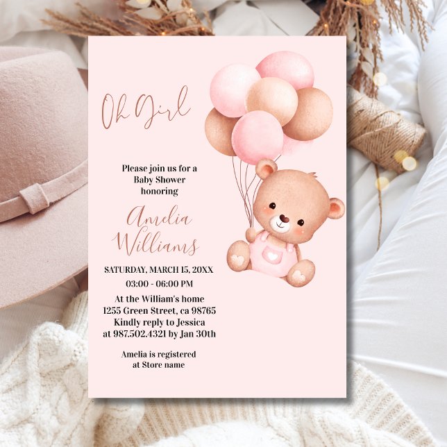 Sweet Teddy Bear Oh Girl Pink Balloon Baby Shower Invitation (Creator Uploaded)
