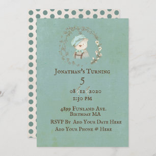 Sweet Teddy Bear Overalls Hat Name Personalisation Invitation