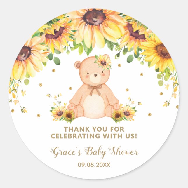 Sweet Teddy Bear Sunflower Thank You Gold Glitter  Classic Round Sticker (Front)