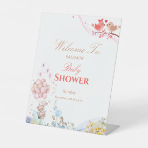 Sweet Teddy Love Birds Baby Shower Pedestal Sign